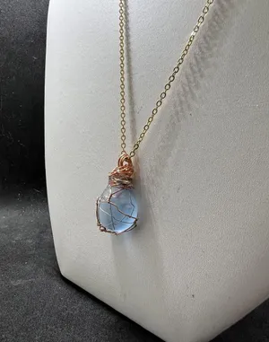 Handmade Ocean Blue glass wired gold chain necklace thumbnail 2