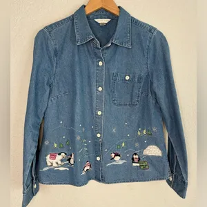 Christopher & Banks Denim Embroidered Button Up Shirt Polar Bear Snow Teacher thumbnail 1