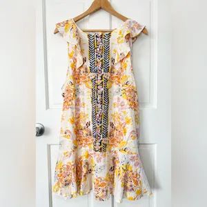 Free People Summer In Tulum Linen Mini Dress Tunic Ivory Floral Size M thumbnail 3