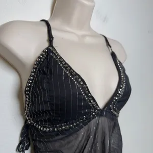 Women y2k Fairy Grunge Babydoll Top Medium Black Metallic Sheer Studded indie thumbnail 2