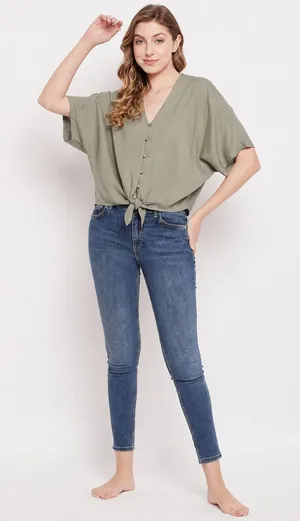 Sim & Sam Sage Green Button Front Tie Hem Cropped Blouse‎ Small thumbnail 1