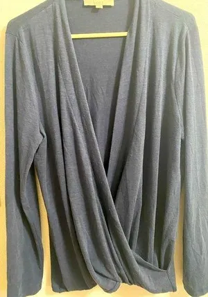 LOFT Size L Blue Wrap Sweater Wool Blend Loose Fit V Neck Long Sleeves thumbnail 1