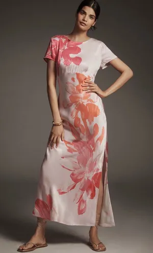 Anthropologie Pink Floral Short Sleeve Maxi Slip Dress Side Slit Tropical thumbnail 1