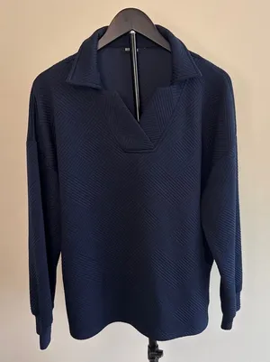 Textured Long Sleeve Notch Neck Pullover Sweatshirt‎ Blue Size XXL thumbnail 1