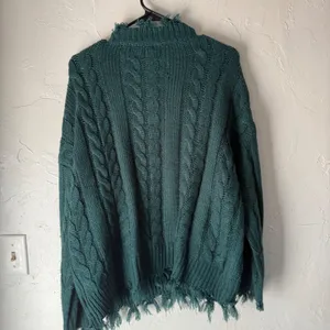 Entro Womens M Green Cable Knit V Neck Distressed Fringe‎ Sweater Boho Western thumbnail 8