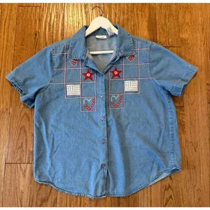 Vintage Ms. Lee denim Americana embroidered button down petite large patriotic thumbnail 6