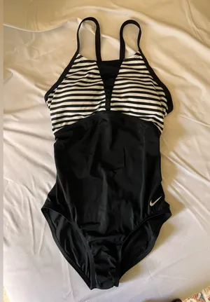 Nike Black and White Striped One-Piece Swimsuit thumbnail 1