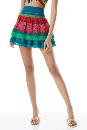 Alice + Olivia Women’s Bethie Smocked stirred Mini Skirt Blue Green Pink Size 10 thumbnail 1