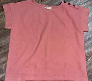 Madewell Knit Short Sleeve Fall Color 3 Button Sleeve Ribbed‎ Blouse Burnt Red thumbnail 1