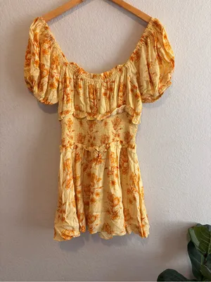 Sabo Skirt Milota Dress Size M Yellow Floral Puff Sleeves Mini Boho Summer thumbnail 6