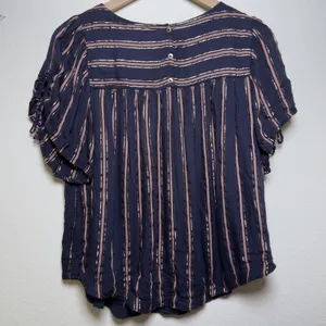 Anthropologie‎ Women Cotton Cameron Tie Sleeve Blouse XS Navy Gold Striped Top thumbnail 8