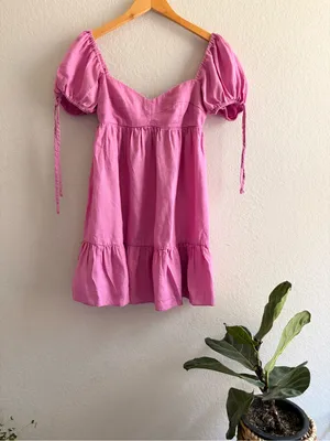 Olivaceous pink Smocked Puff Sleeve Babydoll mini Dress Women's M 100%linen thumbnail 3