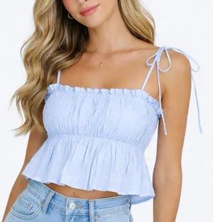 Hello Molly blue ruffled dotted textured peplum top thumbnail 1