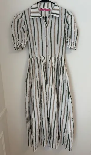 Buru Small Midi White Dress Striped Button Down Luxury Brunch VSCO Girl thumbnail 1