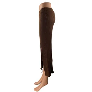 Social Tourist Women's Brown Ribbed High Waist Slit Midi Knit Pencil Skirt Sz S thumbnail 2