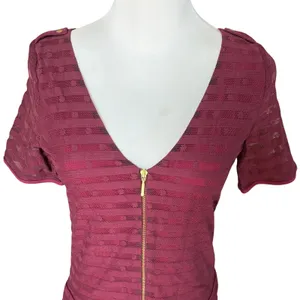 Sézane Drop Waist Mini Dress Size S‎ Burgundy Red Front Zip Sheer thumbnail 2
