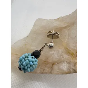 Vintage Sterling Silver Beaded Drop Earrings Turquoise Blue Black 925 Dangle thumbnail 2