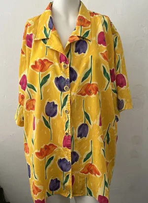 90s Floral Blouse Top XL Yellow Funky Art Teacher Button down Bloomcore Teacher thumbnail 1