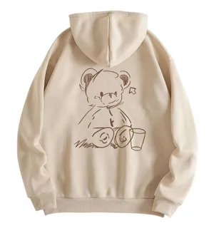 Bear Graphic Drawstring Hoodie in Beige, Size XL thumbnail 1