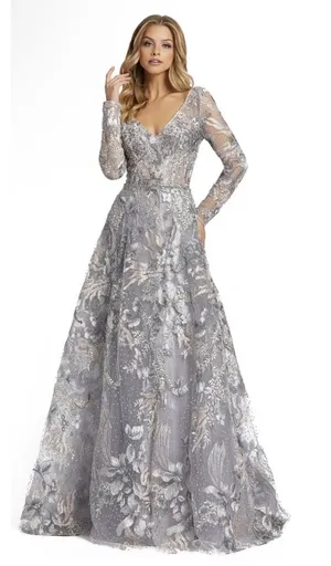 MAC DUGGAL 20214 LONG SLEEVE BEADED APPLIQUE GREY MULTI GOWN Size 6 Dress thumbnail 1