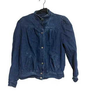 Denim Jacket Puff Sleeve Dark Wash Blue Smocked Back Mock‎ Neck Vintage Style thumbnail 1