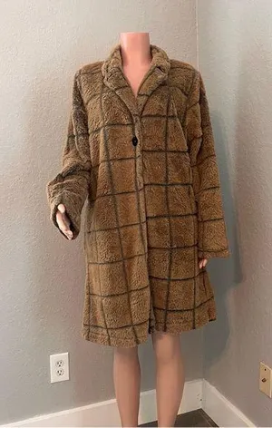 Fair Haven Plush Faux Fur Winter Sweater Coat Size Large Checkered plaid brown thumbnail 1