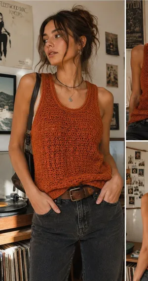 Aerie Rust Orange Crochet Knit Sleeveless Sweater Tank Top Boho Festival Medium thumbnail 1