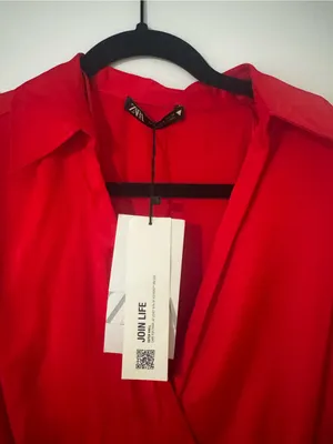 Zara Women’s Bright Red Long Sleeve Wrap-Style Mini Dress with Ruched Drawstring thumbnail 9