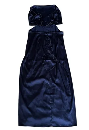 Lyaner Navy Blue Satin Midi Dress Cut Out Strappy Sexy Formal Wedding Event thumbnail 1