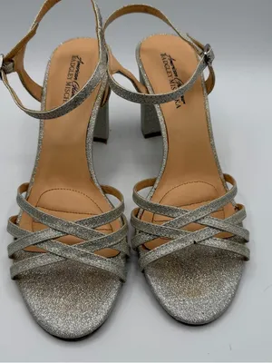 Badgley Mischka American Glamour Silver Glitter Block Heel Sandals Womens 10 thumbnail 2