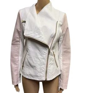 Guess Pink White Faux Leather Moto Jacket Gold Exposed Zipper Womens Small thumbnail 2