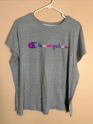 Champion Gray Tee with Pink and Purple Script Logo thumbnail 1
