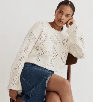 Madewell Diamond-Stitch Crewneck Crop Sweater in Cream thumbnail 3