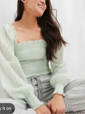 Aerie smocked puff sleeve top thumbnail 1