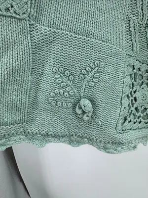 Melbourne Elements Pom Pom crochet Knit Patchwork Sweater sage L cottage thumbnail 7