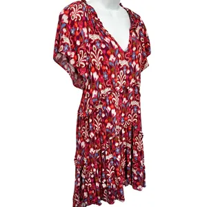 Anthropologie Pink Red Blue Ruffle Flutter Sleeve Dress size S Boho Tomato Girl thumbnail 10
