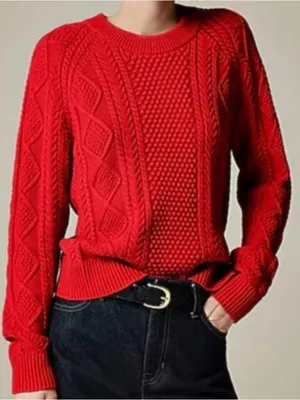 J. Crew Tomato Red Baggy Chunky Cable Knit Fisherman Slouchy Crew Neck Sweater M thumbnail 1