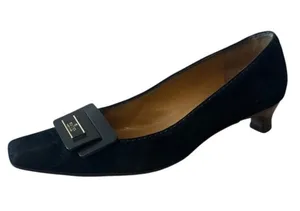 Vintage Gucci‎ Black Suede Square Toe Kitten Heels Logo 36 thumbnail 1