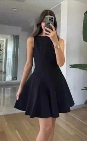 Zara Godet Hem Classic Black Fit-and-Flare Dress Medium thumbnail 1