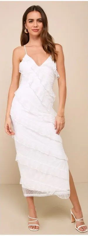 Lulus More Than Gorgeous White Mesh Ruffled Swiss Dot Midi Dress Size Small NWT thumbnail 1