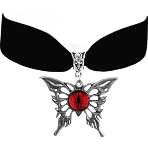 Black Ribbon Choker Necklace Silver Tone Butterfly Charm Pendant Red Center thumbnail 1