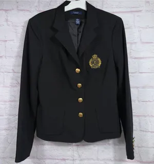 Chaps by Ralph Lauren Black Fitted Blazer with Gold Crest Buttons Size Medium thumbnail 1