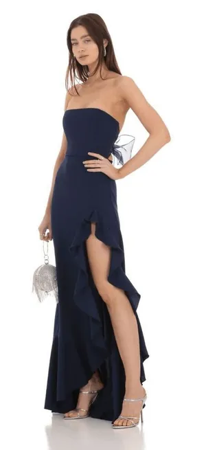 Lucy In The Sky Navy Blue Strapless Back Bow Corset Maxi Dress Medium thumbnail 1