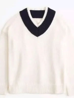Abercrombie & Fitch Womens Merino Wool Chunky V Neck Sweater Ivory Navy Blue Xl thumbnail 8