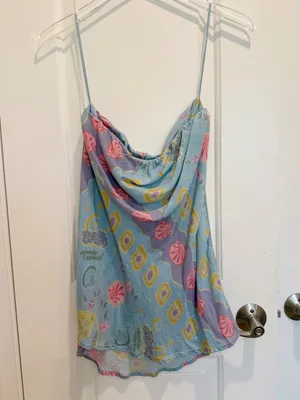 SPELL Aquarius‎ Top in Blue Seashell Print Strapless Asymmetrical Hem Festival thumbnail 4
