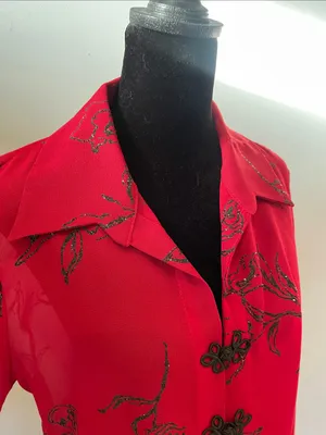 Metaphor Red with black Floral  pattern Button-Front Women’s Top thumbnail 4