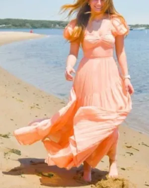 NWOT FREE PEOPLE Sundrenched Smocked Puff Sleeve Maxi Dress color orange sz S thumbnail 1