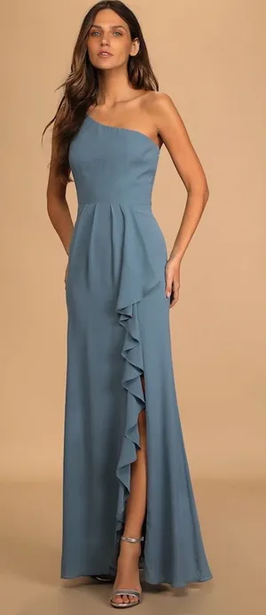 Lulu's Dusty Blue One-Shoulder Ruffle Evening Gown thumbnail 1