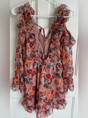 Few Moda Floral Cold Shoulder‎ Ruffle Romper Pink Size Medium thumbnail 4