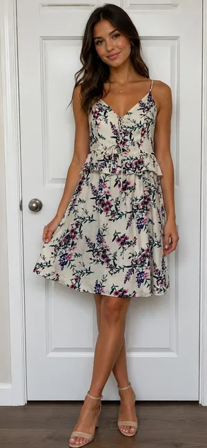 American Eagle Outfitters Cream Floral Tie-Front Mini Dress thumbnail 1